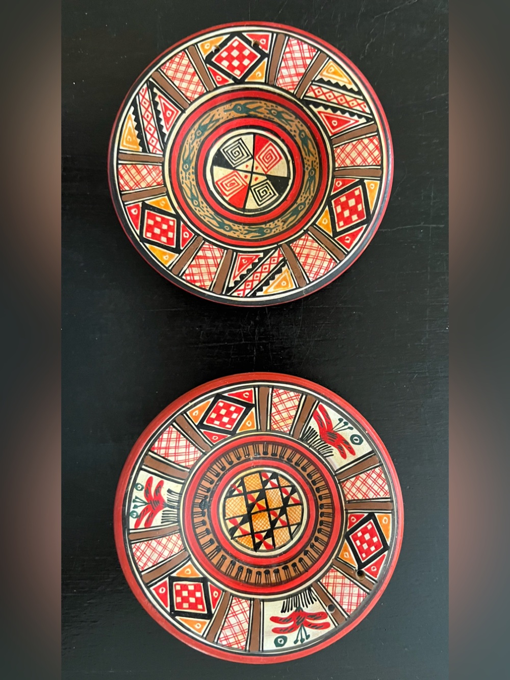 TWO Lot Vintage Cusco Peru Folk Art Hand Painted Red Clay Plates